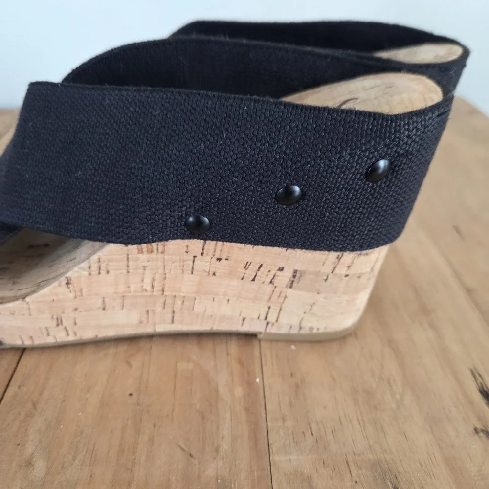 Lucky Brand Valmai Platform Wedge Cork Sandal Black Linen Thick Strap Sz‎ 8.5